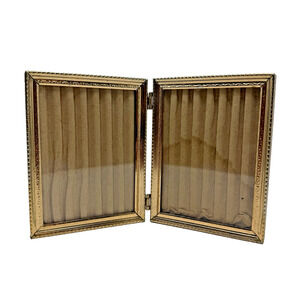 Vintage Folding Double Picture Frame Gold Tone Ornate Hinged Diptych 4.5x3.5